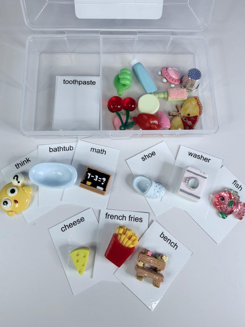 May include: A clear plastic storage box filled with miniature decorative items and labeled cards. Items include a cherry, a shoe, a cheese wedge, and a miniature washing machine. The word "toothpaste" is visible.