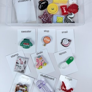 May include: A clear plastic container filled with various miniature charms and cards. Charms include a strawberry, a star, a sweater, a stop sign, a snail, a stamp, a roller skate, a spoon, a swing, a skateboard, and a sleigh.