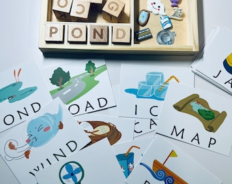 Spelling Tray, Cards, and 60 Mini Objects-Montessori Word Cards-Language Objects