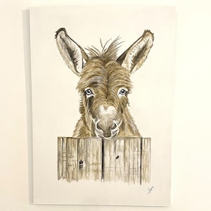 Donkey Original painting, Ready To Hang Contemporary Style, Rustic Farmyard Kitchen or Nursery Wall Decor, Unique Donkey Art Gift for Home.