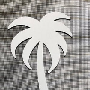 May include: White wooden cutout of a palm tree with a simple design. The tree has a single trunk and a rounded crown with five fronds.
