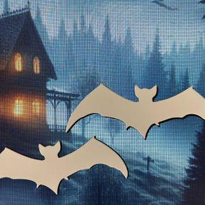 May include: Two wooden bat silhouettes against a blue and white background. The bats are cut out and have a rustic, unfinished look. The background is a blurry image of a house and trees.