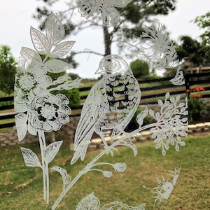 Bird & Buttterfly - Decorative Window Cling Vinyl “Etched” Glass Decal – 8” x 12”. Objects are Opaque – Background is Clear