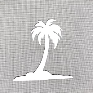 Puede incluir: Una silueta blanca de una palmera en una pequeña isla, sobre un fondo gris texturizado.