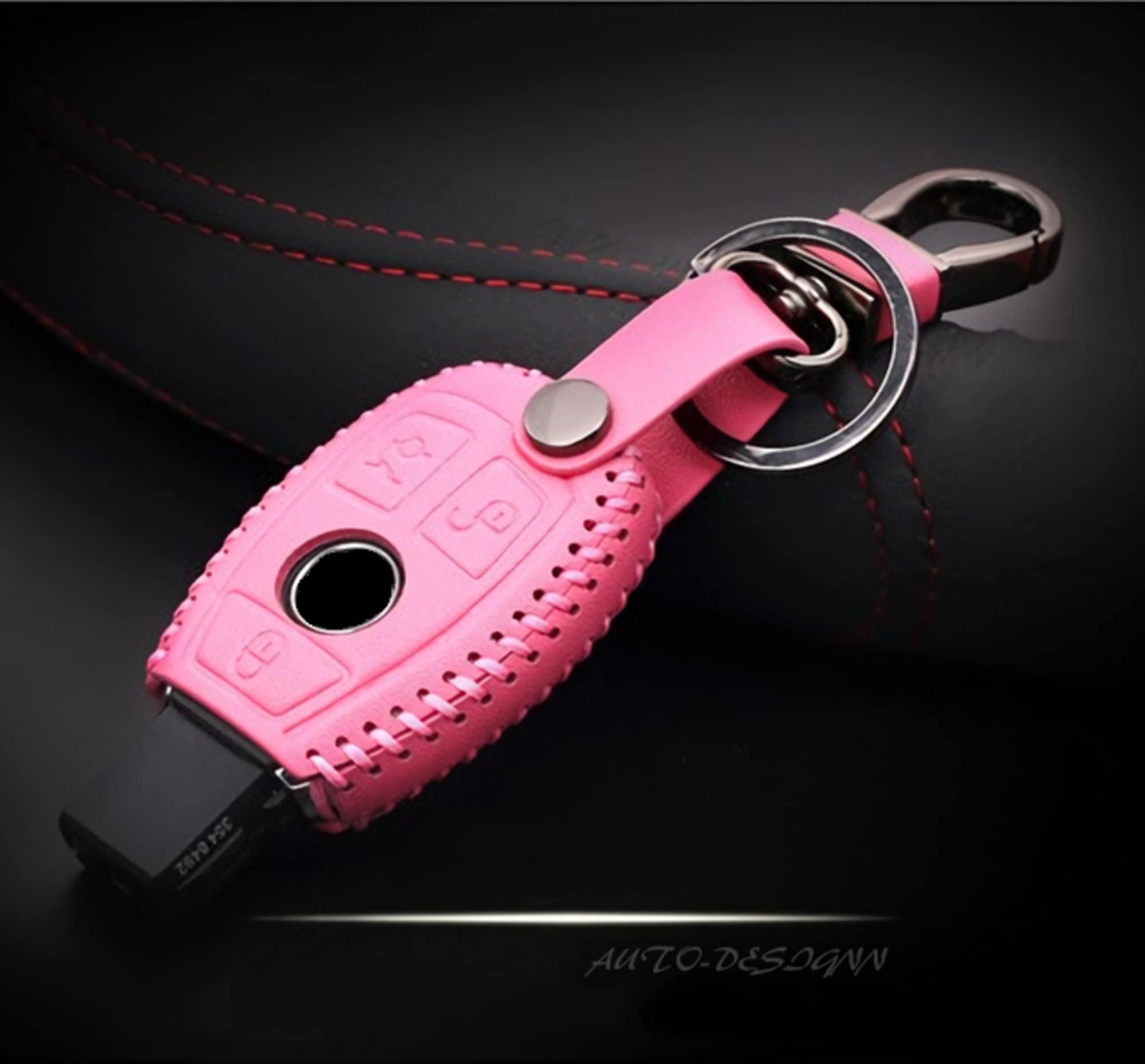 Schutzhülle aus rosa Leder und Nähten für Schlüssel, kompatibel mit  Mercedes, 3-Tasten-Karabiner, Schlüsselanhänger, Schlüssel, AMG -   Österreich