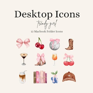 Puede incluir: Ilustraciones en acuarela de iconos de escritorio, que incluyen un lazo rosa, cerezas, una bola de discoteca, una bota de vaquero, un cóctel, botas de vaquero con un lazo rosa, un cóctel, cerezas, una bebida de café, libros, arándanos y una gorra de béisbol. El texto dice "Desktop Icons trendy girl 12 Macbook Folder Icons."