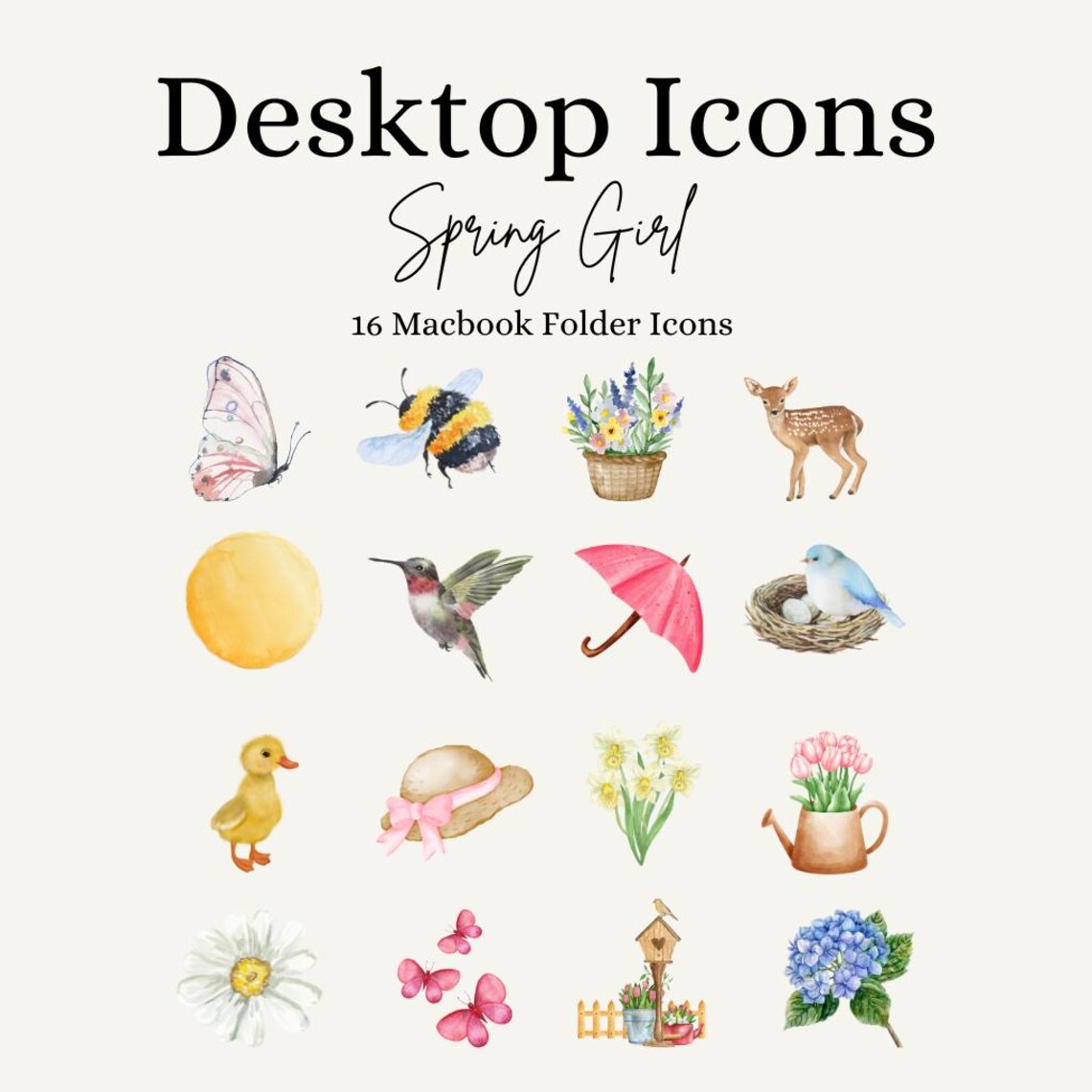 Spring Desktop Folder Icons: Watercolor Animals, Floral Theme (PNG ...