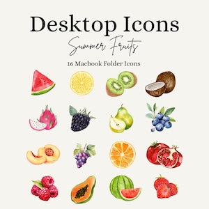 Peut inclure: Illustrations à l'aquarelle de divers fruits d'été, dont pastèque, citron, kiwi, noix de coco, fruit du dragon, mûre, poire, myrtilles, pêche, raisin, orange, grenade, framboises, papaye et fraises. Le texte indique "Desktop Icons Summer Fruits 16 Macbook Folder Icons."