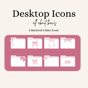 May include: Set of eight pink bow folder icons for a Macbook computer. The icons are displayed on a pink background.