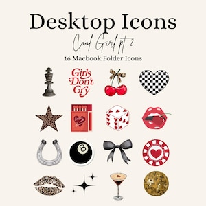 May include: Sixteen Macbook folder icons with a "Cool Girl Pt. 2" theme. The icons include a chess piece, cherries, a checkered heart, a star, a matchbox, a dice, lips, a horseshoe, an 8-ball, a bow, a casino chip, and a cocktail.