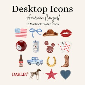 May include: Desktop Icons featuring an "American Cowgirl" theme. The image showcases 16 Macbook folder icons with watercolor illustrations of a cowboy hat, American flag, lips, playing cards, and a cowboy boot. The word "DARLIN'" is also visible.