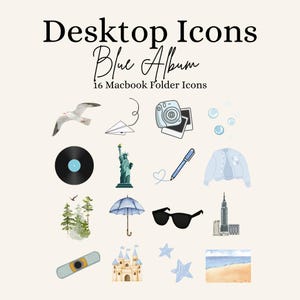 以下が含まれることがあります： デスクトップアイコンブルーアルバム。水彩イラストの16個のMacbookフォルダーアイコン。カモメ、紙飛行機、カメラ、泡、レコード、自由の女神、ペン、ジャケット、木、傘、サングラス、建物、絆創膏、城、星、ビーチが含まれています。