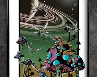 Impresión de rana espacial: escena psicodélica de hongos (28 x 43 cm)