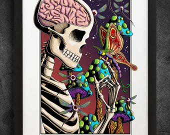 Lámina artística Curiosidad Mórbida - Arte mural psicodélico de esqueleto caprichoso