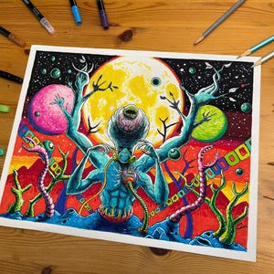 Original Drawing - Moon - Pen & Ink Psychedelic Illustration on Paper
