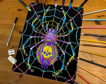 Dibujo original - Araña - Ilustración psicodélica de araña dibujada a mano con pluma y tinta