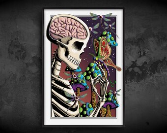 Impresión de curiosidad mórbida de 13 x 19: arte de pared psicodélico con esqueleto de hongo y mariposa.