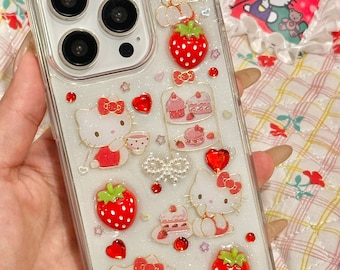 telefoonhoesje van hars van potaardbei | kawaii telefoonhoesje | Hallo Kitty telefoonhoesje | y2k telefoonhoesje voor iPhone 14+, iPhone15 pro Samsung