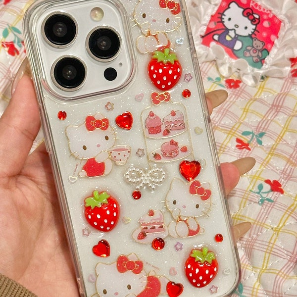 kitty strawberry resin phone case  | kawaii phone case | hello kitty phone case | y2k phone case for iphone 14 plus, iPhone15 pro Samsung