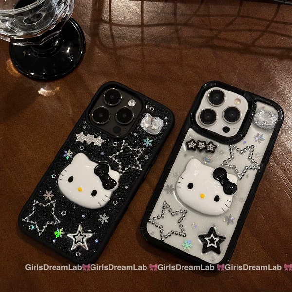 kawaii Black kitty resin iPhone case, y2k style iPhone case, handmade resin phone case, hello kitty phone case For iPhone15 promax 14 13