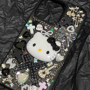 kawaii Black kitty resin iPhone case, y2k style iPhone case, handmade resin phone case, shining phone case For iPhone15 promax 14 13