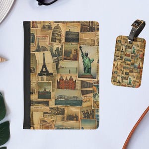 Portapassaporto con timbro retrò, regalo da viaggio, grazioso accessorio essenziale per l'aeroporto, portapassaporto alla moda, portapassaporto rustico, simbolo mondiale, Parigi, Londra, New York.