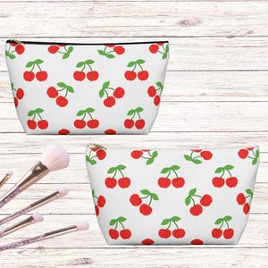 Cherry Print Cosmetic Bag, Checkered Print Travel Organizer, Cherry Aesthetic Gift for Her, Coquette Accessory Zip Pouch, Girly Makeup Bag