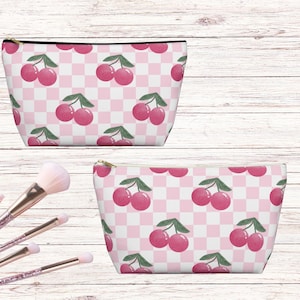 Cherry Print Cosmetic Bag, Y2K Checkered Travel Organizer, Cherry Aesthetic Gift for Her, Coquette Accessory Zip Pouch, Girly Makeup Bag