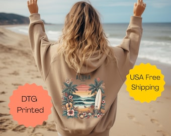 Aloha Hawaii Hoodie: Beachy Coastal Sweatshirt, oversized tropical vacation hoodie, travel pocket sweatshirt hoodie, hawaii gift