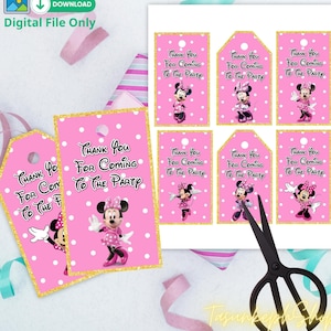 Minnie Mouse Birthday Thank You Tags Digital, Cute Printable Tags for Party Girl Kids. Pink Minnie Favor Instant Download