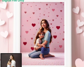 Custom Family Portrait, Cartoon Mama and Me Portrait, Custom Kids Portrait, Valentines Day Gift for Grandparents