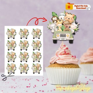 Wydrukuj Safari Car Custom Face Cupcake Toppers, Jungle Animals Personalized Photo Cake Toppers, Decor Party Digital Download