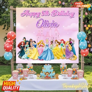 Fondo de cumpleaños de princesa, decoraciones para fiesta de cumpleaños de niña, pancarta con nombre personalizado, regalo para hija, tema de fiesta de cumpleaños de princesa