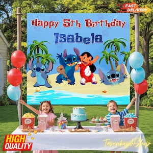 Lilo And Stitch Birthday Backdrop, Stitch Birthday Party Decorations for Kids, Stitch Lilo Party Banner Decor, Custom Birthday Party Theme