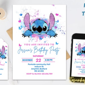 Modèle imprimable d'invitation d'anniversaire de point, invitation de garçons et de filles | Invitation d'anniversaire Lilo et Stitch | Fête d'anniversaire de point