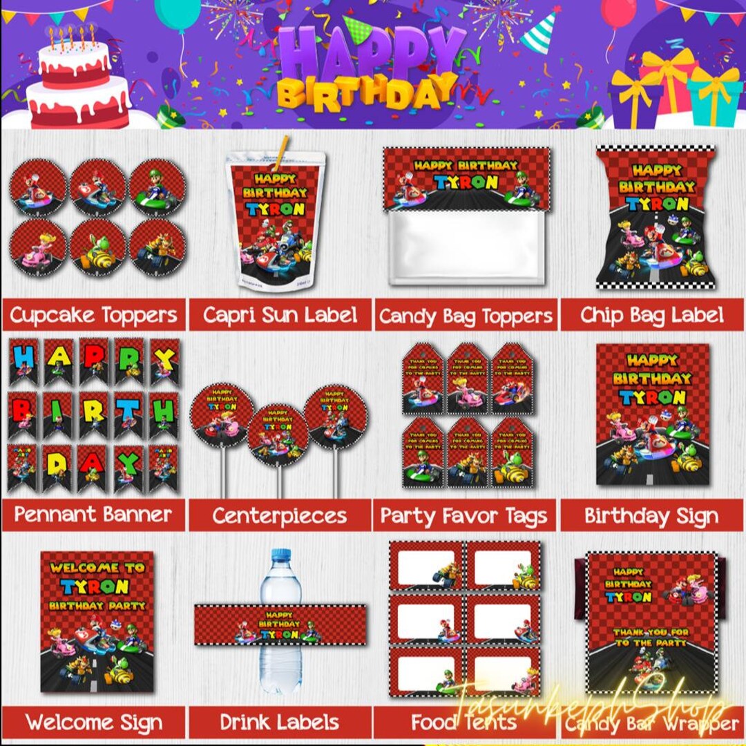 Printable Personalized Mario Kart Party Supplies, Super Mario Party ...