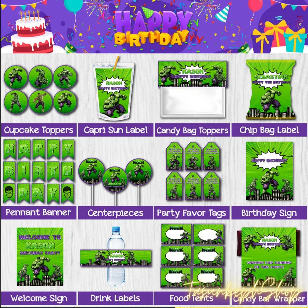 Hulk Party Supplies Printable Personalized Banner Hulk Favor Tags Hulk