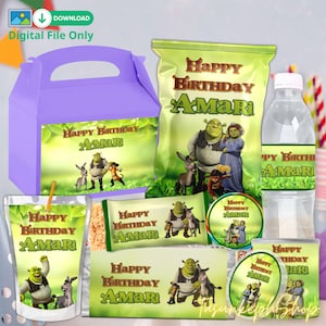 Shrek Geburtstagsparty Printables Bundle, Name Shrek Chip Tüten, Benutzerdefinierte Favor Tags, Candy Wrappers Partydekoration Digitale Dateien