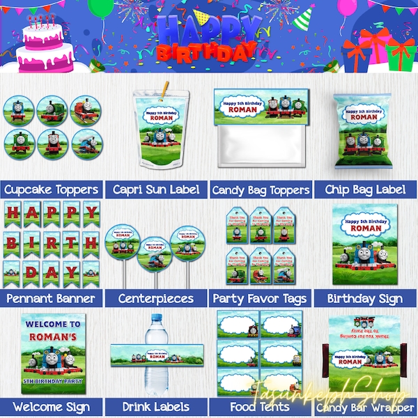 Printable Thomas The Train Pack Party Supplies for Kids, Thomas Train Birthday Party Cake Topper, Thomas and Friends Gift for Boy Girl