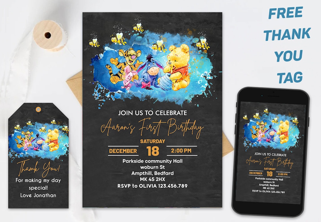 Winnie the Pooh Invitation Editable Templett Gender Neutral Winnie the