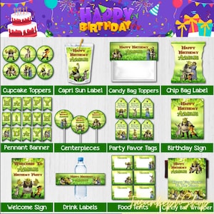 Printable Shrek Cake Topper, Personalized Shrek Birthday Party, Shrek Decoration, Shrek Digital Party Package, Printable Birthday Party Pack