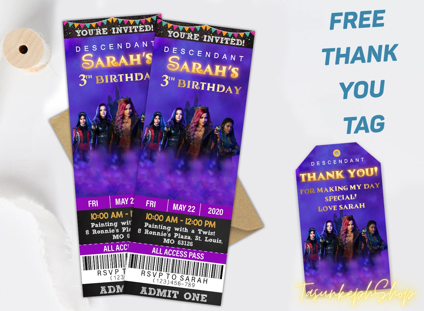 Descendants Birthday Party Descendants 3 Invitations Printable Birthday Party Invitation Descendants 3 Ticket Birthday Invitation
