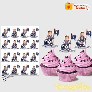 Printable Custom Face Astronaut Cupcake Topper, Personalized Funny Space Cake Topper Birthday Decor for Boy Girl Digital Download with Photo
