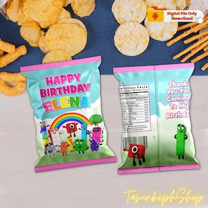 Printable Numberblocks Birthday Chip Bags, Personalized Pink Numberblock Party Supplies for Kids Digital File, Birthday Decor for Children