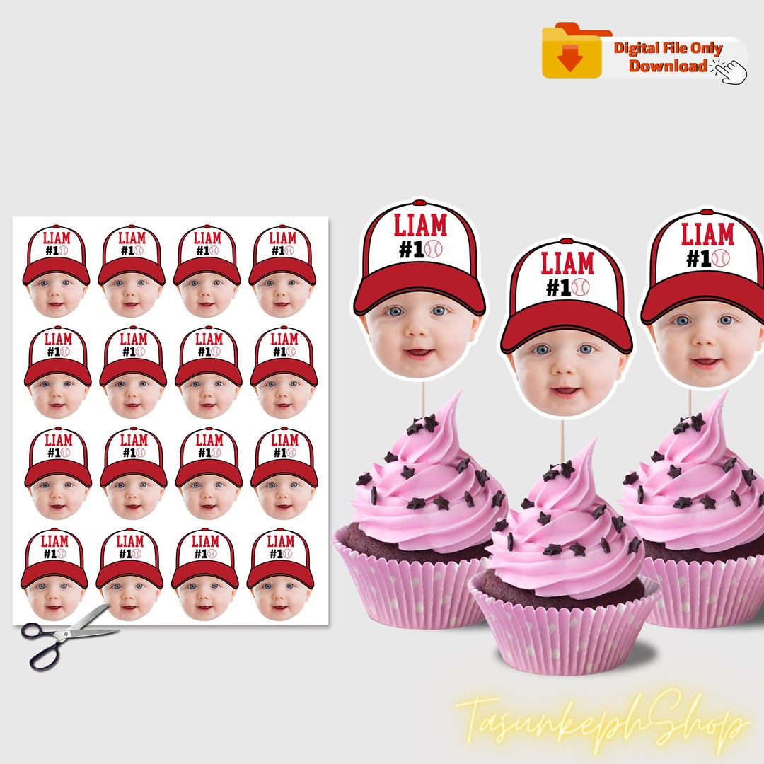 Cupcake Toppers With Baby Face Baseball, Babys Photo Birthday Hat