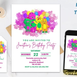 Barney Birthday Invitation | Barney Birthday Party | Barney Cake Topper | Canva Template | Barney Decoration | Barney Party