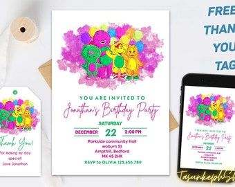 Barney Birthday Invitation | Barney Birthday Party | Barney Cake Topper | Canva Template | Barney Decoration | Barney Party