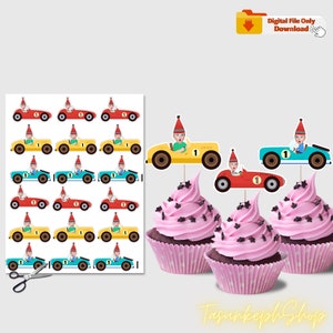 Printable Cupcake Topper Race Car Face, Personalized Babys Photo Racing Car Cake Topper Party Decor for Kids Birthday Digital Download