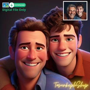 Family Cartoon Characters, Custom Dad and Son Portrait from Photo, Mommy and Me Valentine Illustration