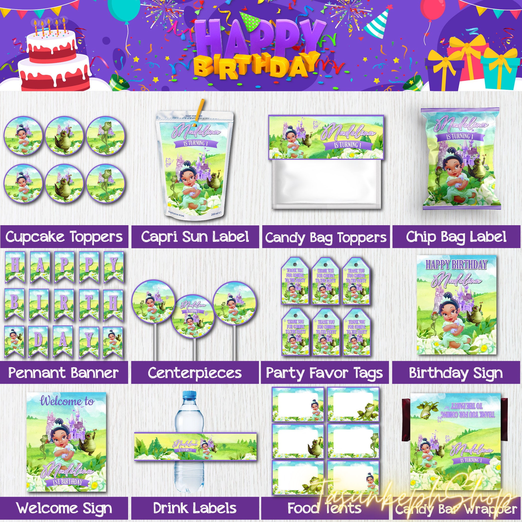 Printable Princess Tiana Baby Party Package for Girls, Princess and Frog Shower Bundle Green Birthday Party Pack Gift Ideas Digital File